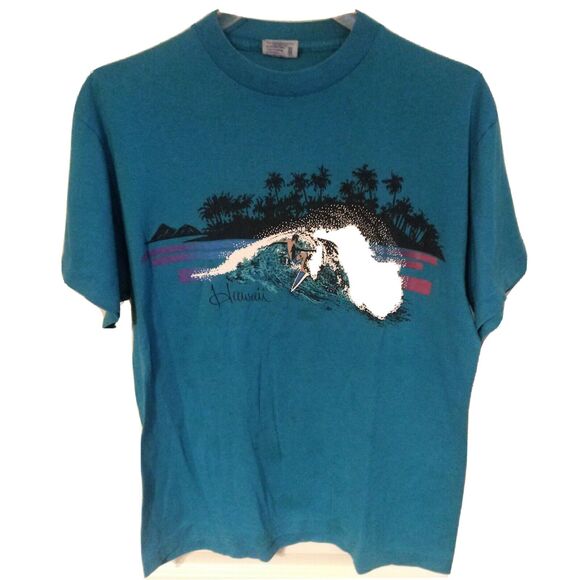 Hawaii Surfing Turquoise vtg Design Tees Single Stitch t shirt Tag L Large - Picture 1 of 6
